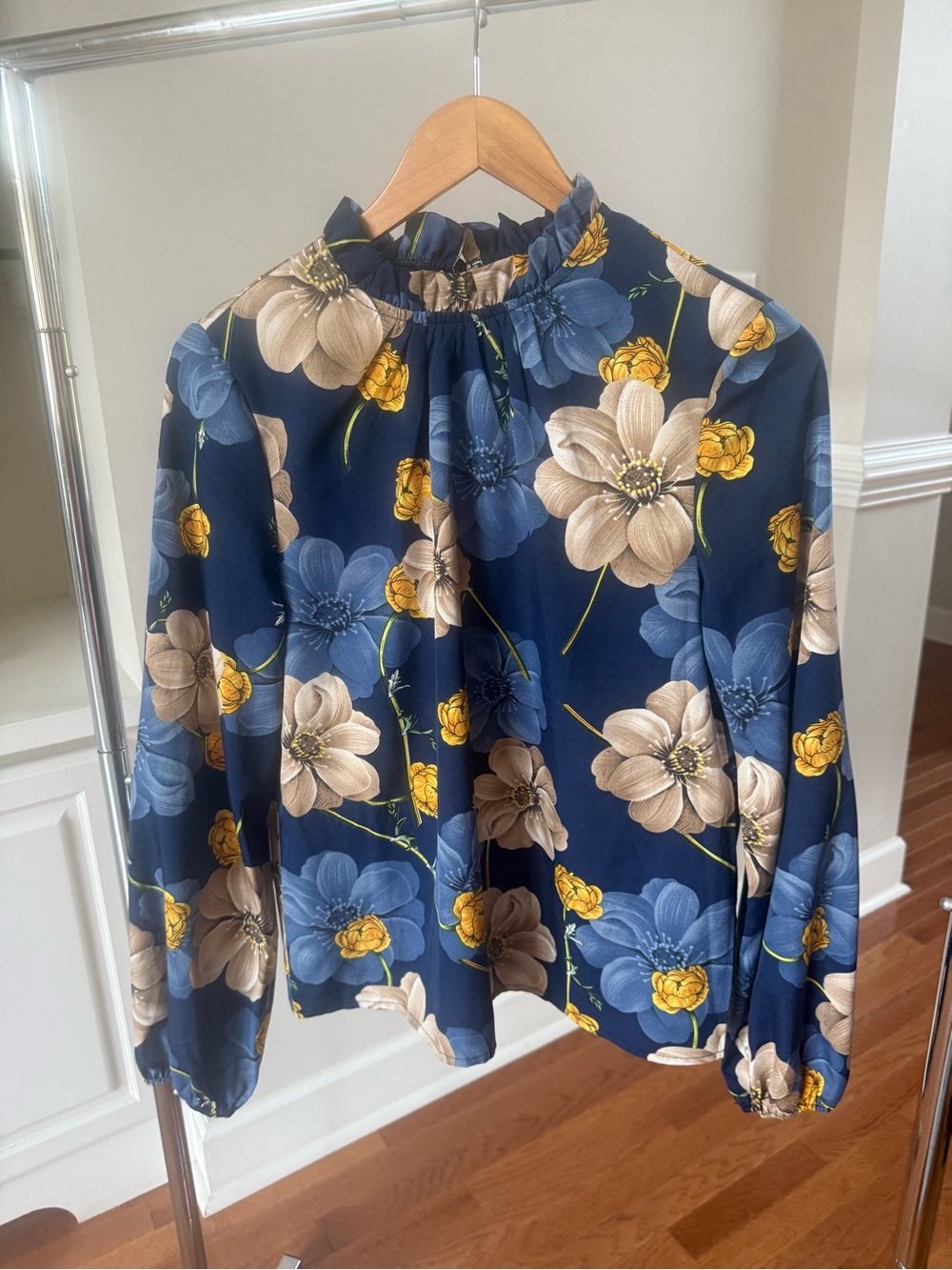 SHEIN Navy Floral Ruffle-Neck Blouse
